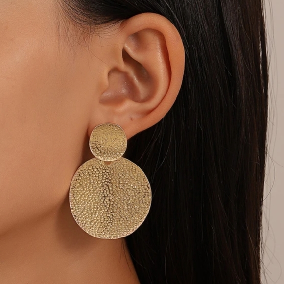 Anthropologie Jewelry - HAMMERED GOLD STACKED RELIC DISC CHARM TEXTURED DROP EARRINGS